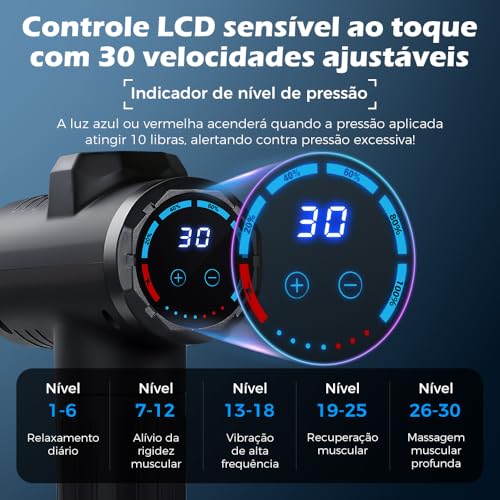 Pistola de Massagem YARUIKE, Massageador Muscular Portátil com 10 Cabeças, 30 Velocidades e Tela LCD, Preto | Motor Silencioso, Tela LCD Touch para Recuperação Pós-Treino em Casa e no Escritório