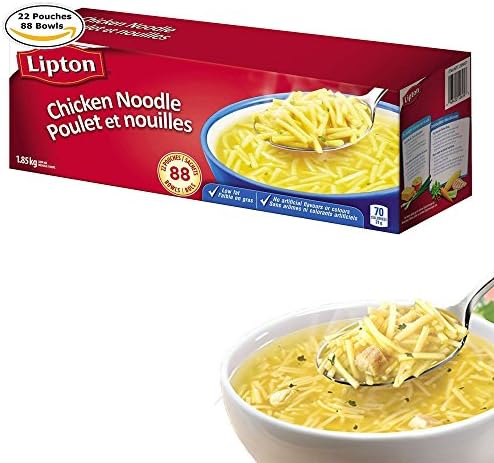 Mega Value Pack Lipton Chicken Noodles Soup, Low Fat 22 Convenient Soup Mix Pouches, 88 Bowls Total 65.58 Oz