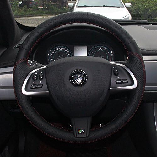16sixteen Luxury Hand Sewing Anti-slip Patchwork Premium Nappa Leather Stitch On Car Steering Wheel Cover for Jaguar XF, Black Cover, 9 Color Thread