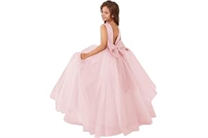 MCieloLuna Flower Girls Satin Tulle Princess Pageant Dress for Wedding Kids Pearls Prom Ball Gowns with Bow-Knot