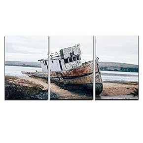 3 Piece Canvas Wall Art - Stranded Boat by The Riverside - Modern Home Art Stretched and Framed Ready to Hang - 16"x24"x3 Panels