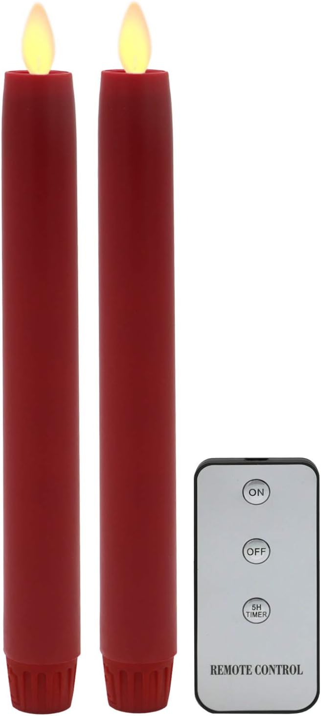 TRONJE 2x LED Stick Candles 24cm red 5h-Timer Taper Candle Imitation moving Flame remote Control break-proof