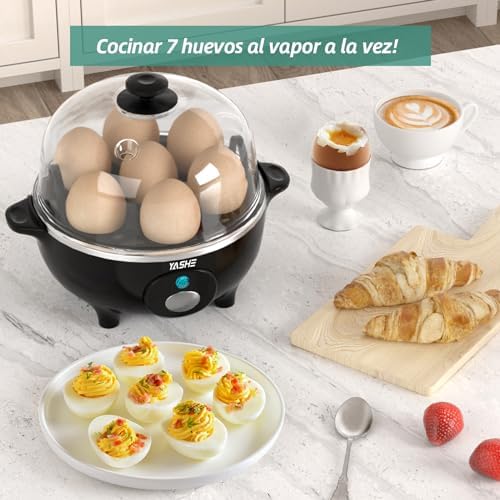 Cocedor de Huevos, Cocedor Huevos de 360 W, 7 huevos fáciles de pelar, huevos blandos, medianos, duros, pochados, fabricante de tortillas, vaporera, zumbador, luz indicadora, libre de BPA