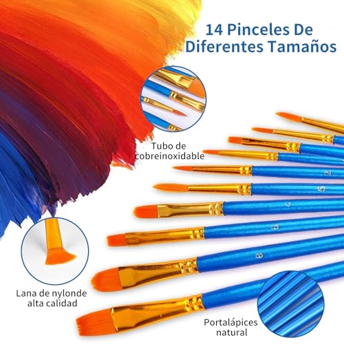 14 Mini Lienzos y Bastidores,Mini Lienzos y Caballetes con 14 Caballete,14 Pinceles, 3 Paletas de Arte y 12 Mini Pinturas Acrílicas, Juego de Caballete de Pintura, Ideal para Casa,Escuela(8×8 cm)