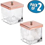 mDesign Bathroom Vanity Square Glass Storage Organizer Canister Jar, with Lid for Q tips, Cotton Swabs, Cotton Rounds, Cotton Balls, Makeup Sponges, Bath Salts - Pack of 2, Clear/Rose Gold