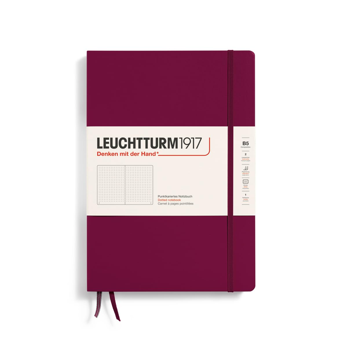 LEUCHTTURM1917 366163 Notebook Composition (B5), Hardcover, 219 Numbered Pages, Port Red, Dotted
