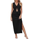 Pink Queen Women's Summer 2 Piece Outfit Set V Neck Button Crop Tank Top Vest Bodycon Maxi Long Skirt Waffle Knit Dress