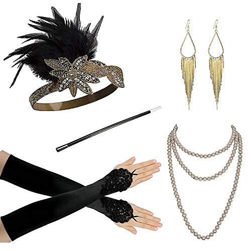 Zivyes 1920s Accessories for Women 1920s Headpiece Flapper Gloves Cigarette Holder Pearl Necklace (1000B)
