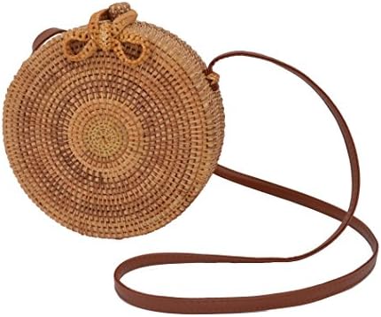 Agneta Women's Round Woven Rattan Handbag Bowknot Clasp Beach Bali Crossbody Bag (Plain)