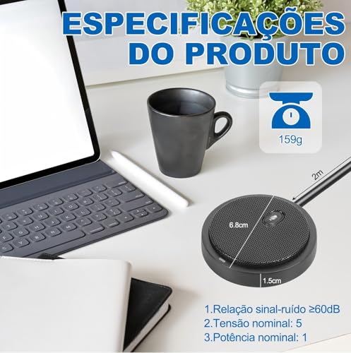 Microfone de Conferência USB para Computador, Alto-Falante com Microfone para Computador, Microfone Condensador Omnidirecional de 360° com Tecla Silenciosa