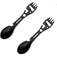 Qishing Multifunctional Outdoor Fork Spoon Detachable Tableware,10-in-1 Utility Tactical Spork, Stainless Steel Spoon & Bottle Opener, Fork & Knife, Combo Camping Utensil for Hiking(Black，2pcs)