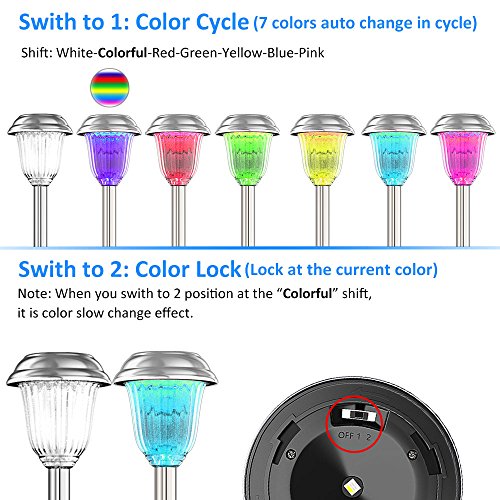 Solar Lights Outdoor [7 Colors Changing/Lock 1 Color], Pobon Solar Powered Pathway Light, Stainless Steel Landscape Lighting for Garden, Patio, Yard, Lawn, Path, Walkway, Driveway (2 pack) - Thumbnail 2