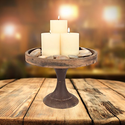 Stonebriar Rustic Worn Natural Wood and Metal Pedestal Tray, Decorative