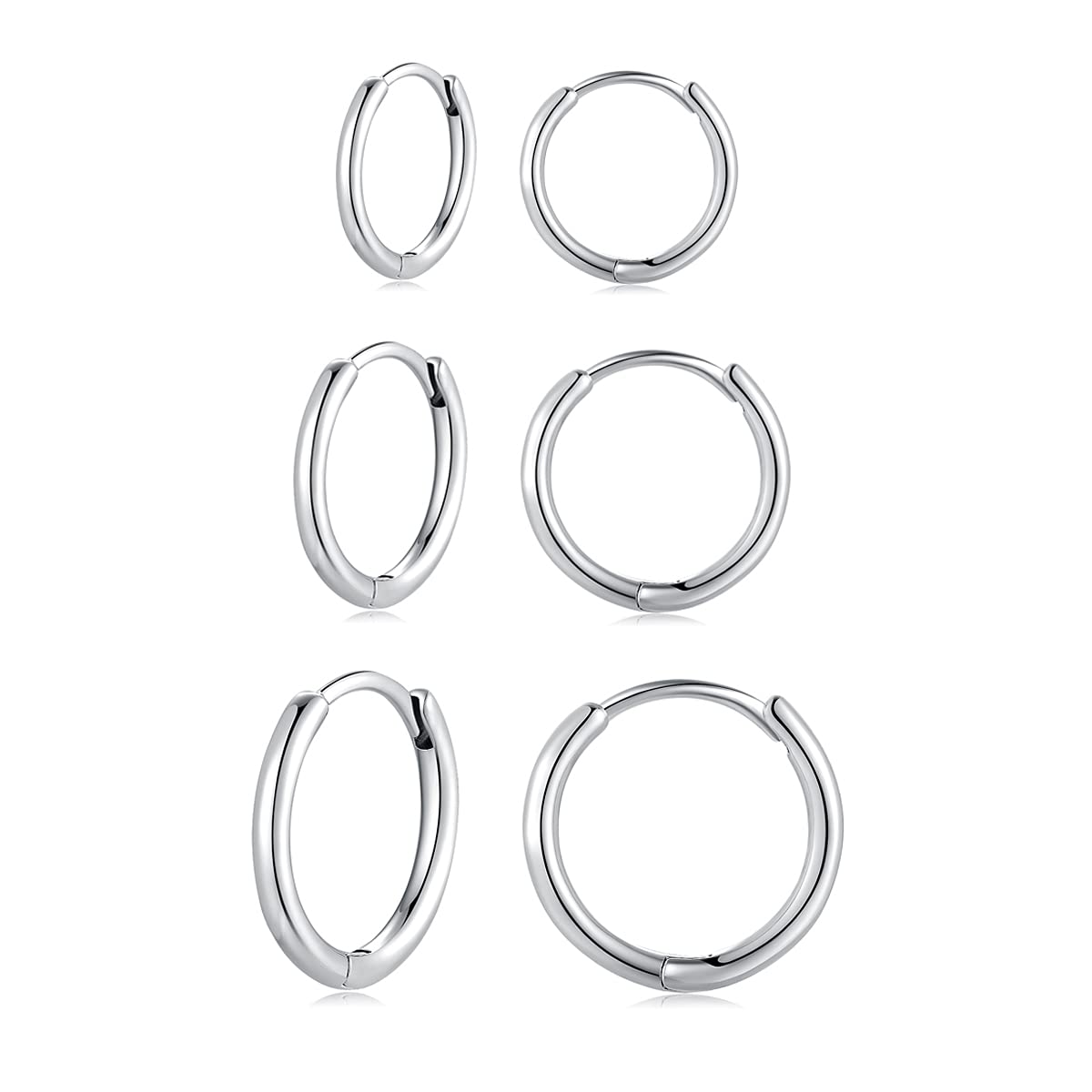 Deyanse Silver Hoops Earrings for Women, 925 Sterling Silver Hoop Earrings Set, Silver Small Sleeper Huggie Hinged Hoop Earring, Hypoallergenic Unisex Hoops Earring Set in 10, 12, 14mm