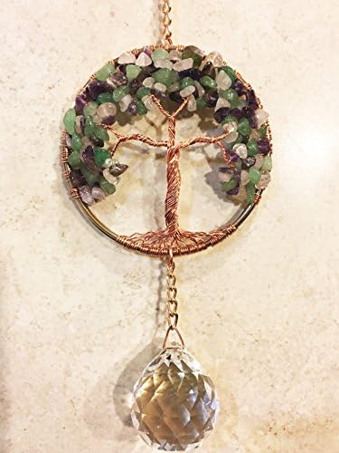 Rose Quartz,Green Adventurine Amethyst Gemstone Tree of Life Sun Catcher with Crystal Ball Prism,Handmade Crystal Suncatcher,Gemstone Window Ornament,Feng Shui Ornament