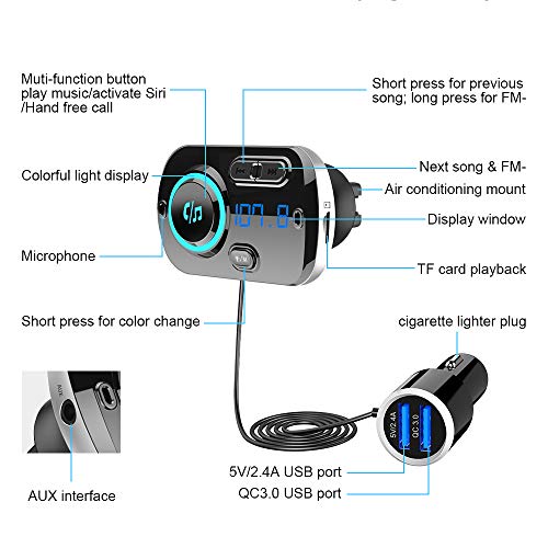 Trasmettitore FM Bluetooth 5.0, Vivavoce Car Kit con QC 3.0 Caricatore per Auto, supporto Uscita TF card AUX, Suono Cristallino, Luce Colore, Cavo 1.1M, 2 Modi di Installazione