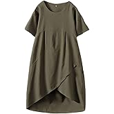 Tebreux Women's Linen Midi Dress Oversized Short Sleeve Sundress Baggy Tunic Dresses with Pockets