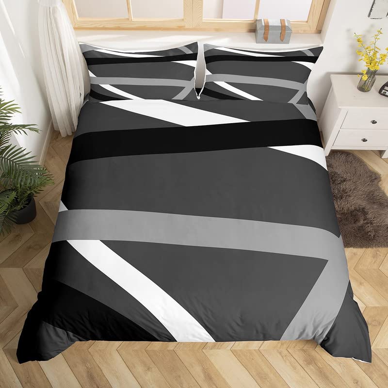 Black Gray White Stripes Bedding Set King Modern Abstract Geometric Comforter Cover Set for Women Men Lines Duvet Cover Breathable Bedspread Cover Quilt Cover — image 1