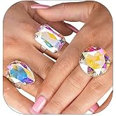 PLOUTOS Oversized Crystal Rhinestone Statement Cocktail Ring Set For Women Multi Shape Adjustable Band Chunky Fashion Jewelry Silver Tone For Women Party
