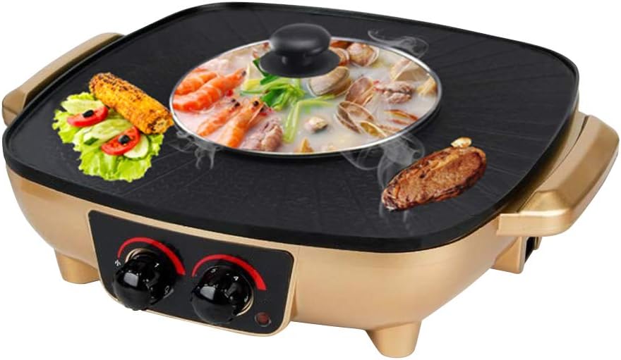 YJIUJIU Barbecue Hot Pot, Electric Barbecue Healthy Coating Smokeless and Non-stick Electric Hot Pot Electric Baking Pan Double Temperature Control, 1500W,Red