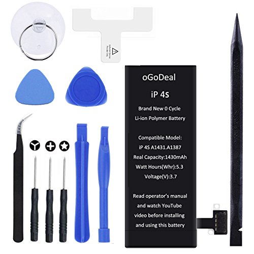 oGoDeal Battery Replacement for Model iP 4S A1431, A1387 with Full Set Repair Tools Kit and Battery Adhesive Stripe and Instructions [365 DAYS Warranty]