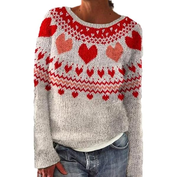 Spatofa Womens Cute Heart Sweaters Valentine's Day Knit Fair Isle