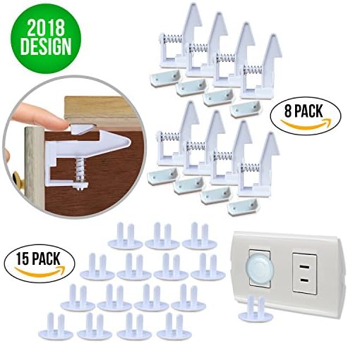 Baby Proofing Cabinet by Dasiio, Easy to Install Safety Latches, No Tools or Drilling Needed - 15 safety outlet cover &amp; 8 pack cabinet latches - White
