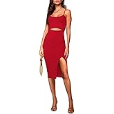 Pink Queen Women's Spaghetti Strap Cutout Side Slit Ribbed Knee Length Bodycon Midi Dress Club Party Dresses for Women