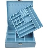 GYJOYERO Jewelry Boxes 10 x 10 Inches 2-layer Handle Necklace Holder Organizer Jewellery Women Rings Storage Display Girls Earrings Case Lockable Jewelry Tray Blue GY641 (Blue, 2 Layer (3.34" H))