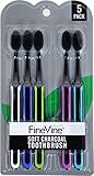 FineVine Charcoal Toothbrush - Pack of 5 Soft Bristle Tooth Brushes – Slim Teeth Whitening Toothbrushes For Adults & Kids – Remove Plaque, Bacteria & Stains, Protect Gums, Eliminate Bad Breath