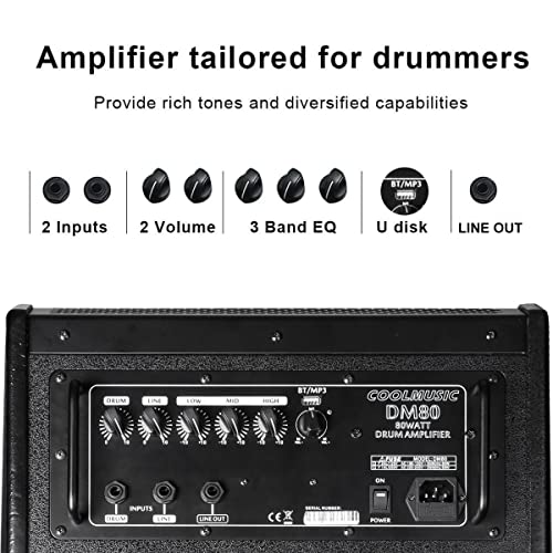 Coolmusic Electric Drum AMP 80-Watt Electronic Drum Amplifier DM80 Keyboard Speaker with Bluetooth, with 3-Year Warranty