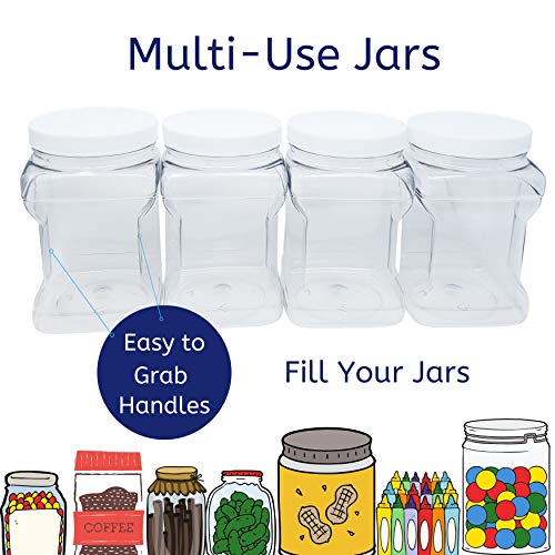 Kelkaa 64oz Clear PET Plastic Square Wide Mouth Jars with Grip Handle and White Ribbed Lined Caps, BPA Free, Multi-Use Empty Containers, Household Dried Food Canisters, Made in the USA (Pack of 4) - Thumbnail 2