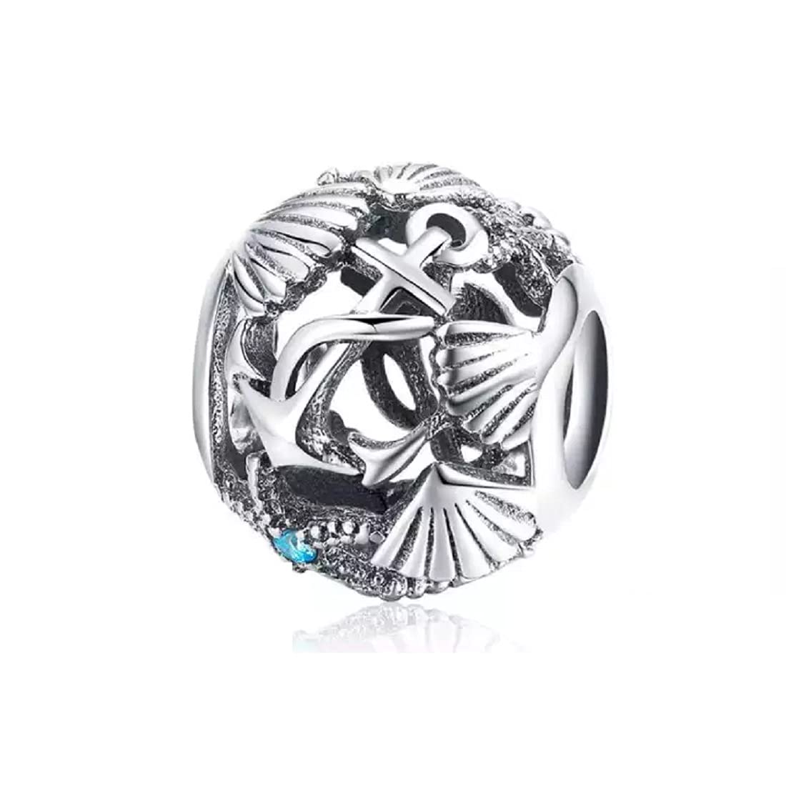 FeatherWish Sterling Silver 925 Charm Sea Life Ocean Shell Anchor Boat Ship Travel Holiday Bead For Bracelets Compatible With Pandora Bracelet (Seashell Bead)