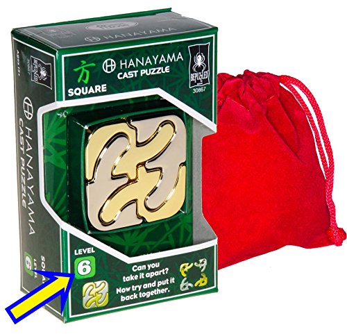 SQUARE Hanayama Cast Metal Brain Teaser Puzzle _ Bonus Red Velveteen Drawstring Pouch _(Level 6 Difficulty) _ Bundled Items