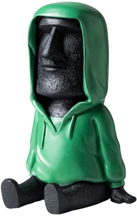 Taxually Moai Easter Island Statue Decoration with Smartphone Stand, Retro Figure Home Office Ornament with Phone Holder, Moai Statue with Green Coat for Bookshelf, Desktop Decoration