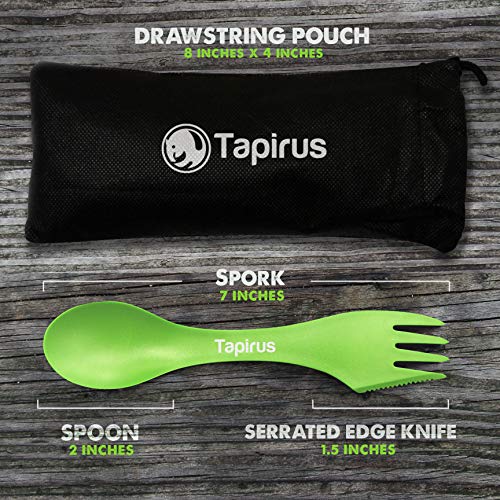 Tapirus Spork to Go V8 Set - 8 Colorful Durable and BPA Free Sporks - Spoon, Fork and Knife Combo Utensils Flatware Mess Kit for Camping and Outdoor Activities - with Bottle Opener and Carrying Case