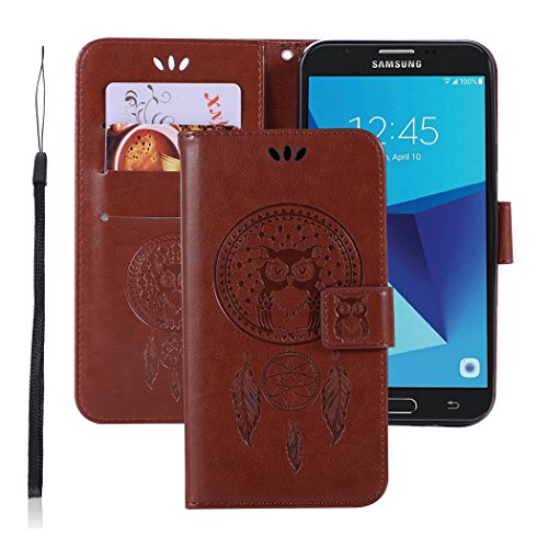 Galaxy J7 V/J7 Perx/J7 Sky Pro/J7 Prime/Galaxy Halo Case, Booceicd [Wrist Strap] Luxury PU Leather Wallet Flip Protective Case Cover with Card Slots for Samsung Galaxy J7 2017 (brown)