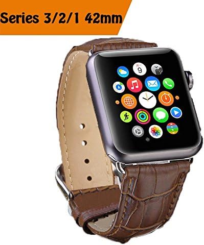Alligator Leather Apple Watch Band 42mm Replacement i Watch Bands Men / Women of Silver Stainless Steel Buckle Clasp, [Dark Brown] Crocodile Pattern Strap for Series 3, 2 &amp; 1 2016 &amp; 2017 Sport Edition