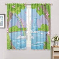 hengshu Teen Girls Blackout Shades Curtains Print of Fairy Landscape with Waterfall Rainbow Lake Butterflies Magical Land for Window Curtains Valances W52 x L45 Inch Green Blue