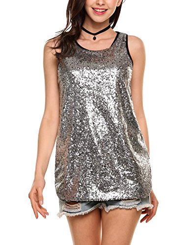 Zeagoo Women's Sleeveless Sparkle Shimmer Camisole Vest Glitter Sequin Tank Tops Silver - Thumbnail 7