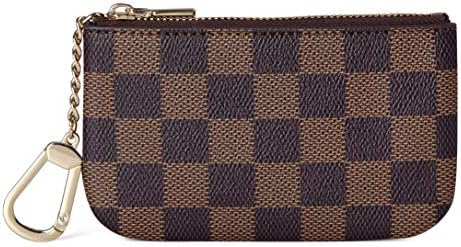 Luxury Zip Checkered Key Chain Pouch | Pu Vegan Leather Mini Coin Purse Wallet With Clasp