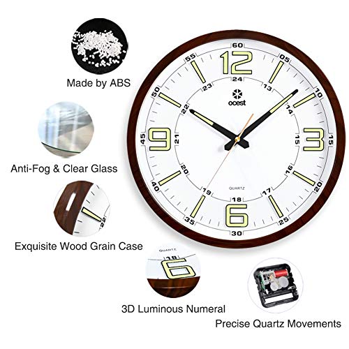 OCEST Night Light Wall Clocks, 14 Inches Silent Non-Ticking Large Display Battery Operated 12/24 Hour Quality Quartz Decorative Clock for Kitchen Bedroom Office School (Wood Grain)