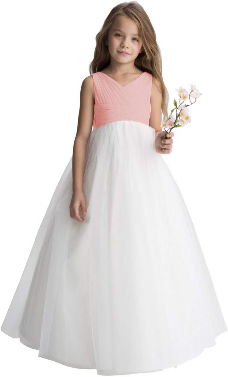 Gdoker Tulle Flower Girl Dress, Chiffon Wedding Party Pageant Dresses for Girls, Long Junior Bridesmaid Dress A-Line