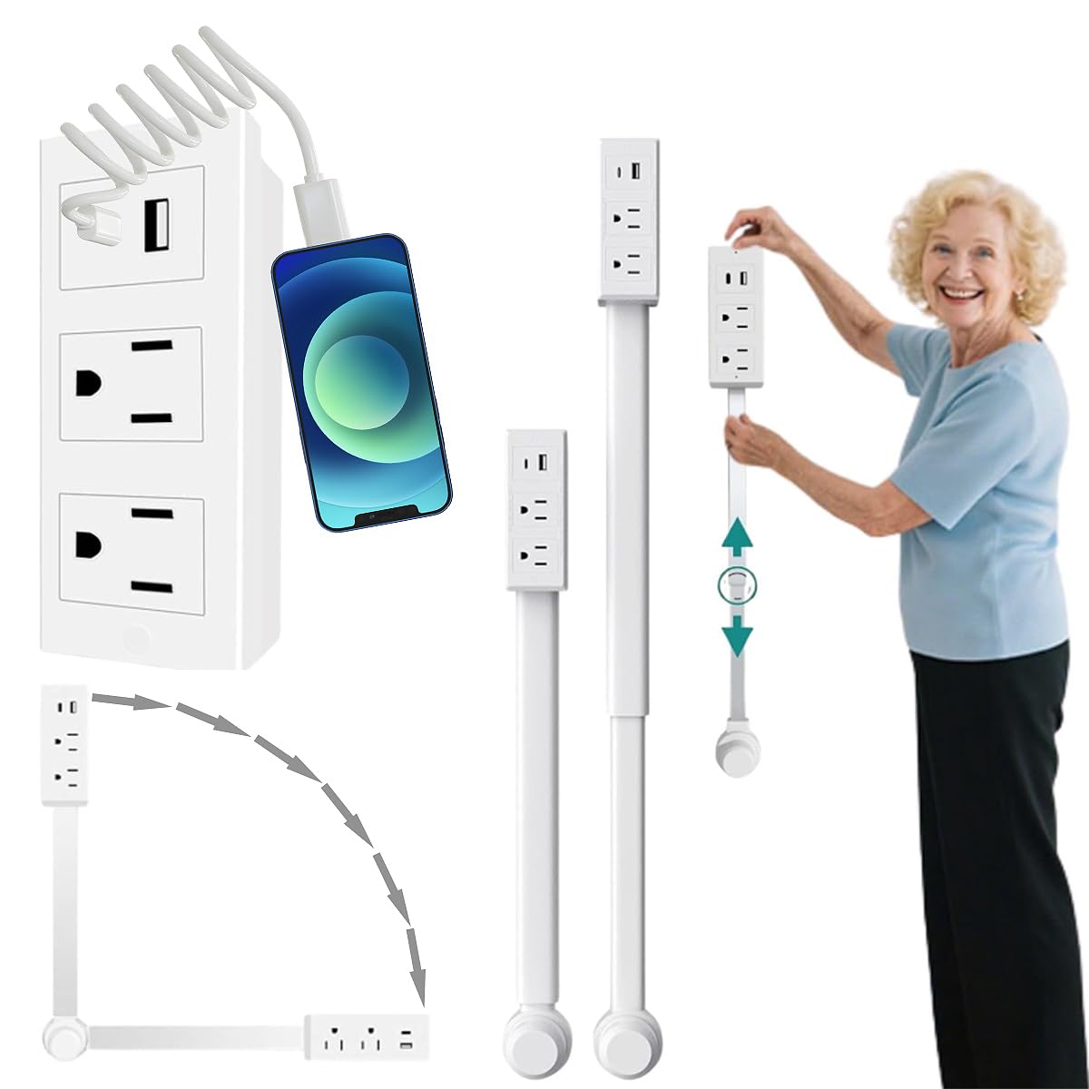 Photo 1 of 1 PACK 180° Rotating Electrical Outlet Extender Stick With USB-A/USB-C, Extendable Wall Plug With 2 AC Outlets Wall Plug Adapter - Ideal for Behind Couch, Desk, Bed, Office and Home - No Drill