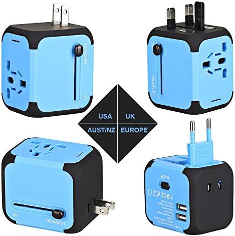 Travel Adapter, AC Adapter Charger All-in-One US UK EU AU Plugs Worldwide Universal Wall Charger with Dual USB Ports(Blue)