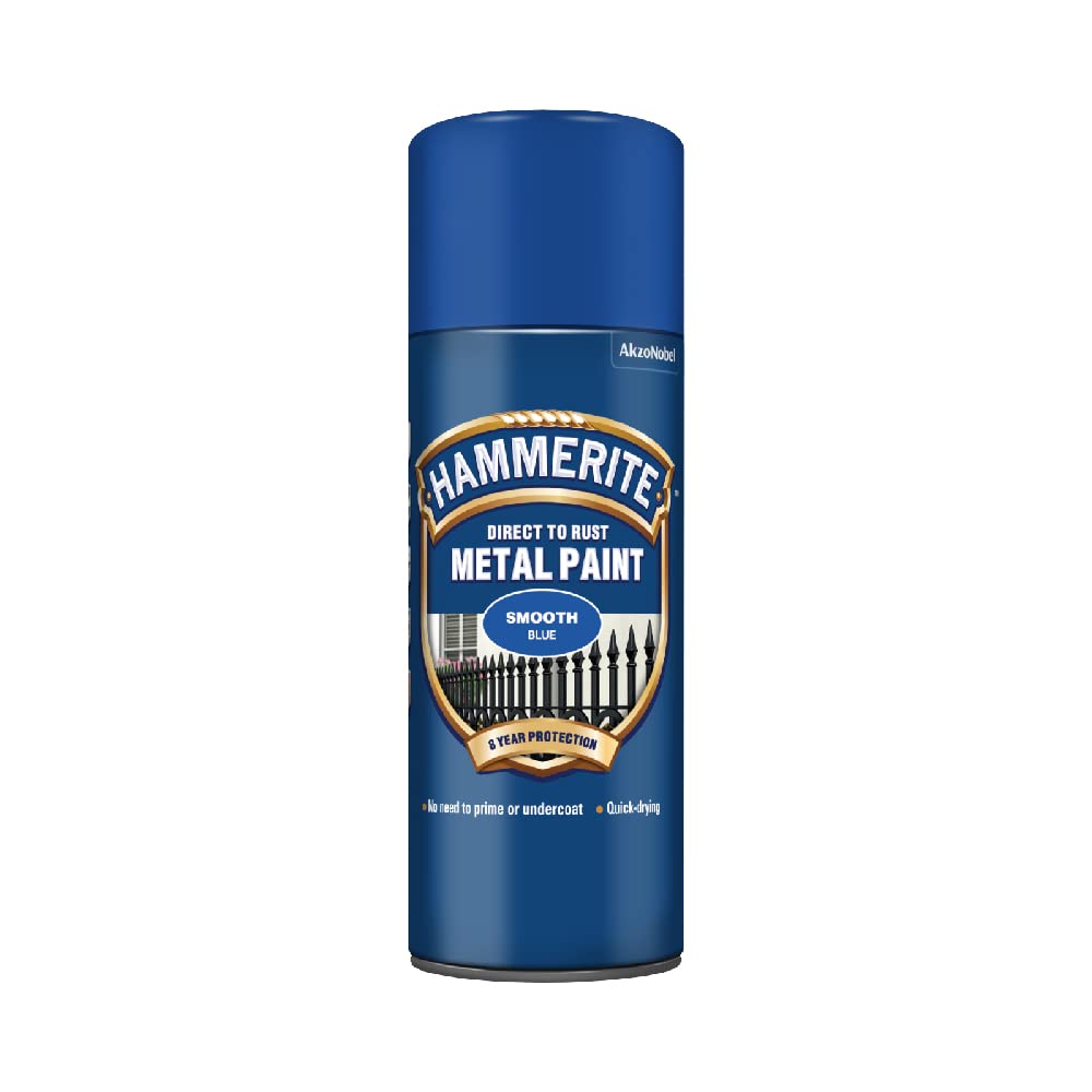 Hammerite Spray Paint for Metal. Direct to Rust Exterior Blue Metal Paint, Smooth Finish. Corrosion Resistant Blue Gloss Paint and Rust Remover, 8 Year Protection - 400ml Aerosol 0.5 SqM Coverage​