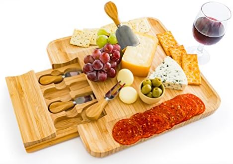 100% Natural Bamboo Cheese Board with Cutlery Set, Charcuterie Platter and Serving Meat Board with Slide-out Drawer with 4 Stainless Steel/Bamboo Knives Server Set. Perfect for Entertaining and Gifts