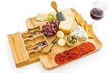 100% Natural Bamboo Cheese Board with Cutlery Set, Charcuterie Platter and Serving Meat Board with Slide-out Drawer with 4 Stainless Steel/Bamboo Knives Server Set. Perfect for Entertaining and Gifts