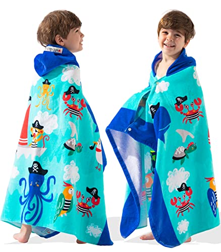 VOOVA & MOVAS Large Cotton Kids Hooded Bath Towels | Soft Thick Absorbent Beach, Bath, Pool Towels for Girls Ages 3-10 | Sea Pirate Squid