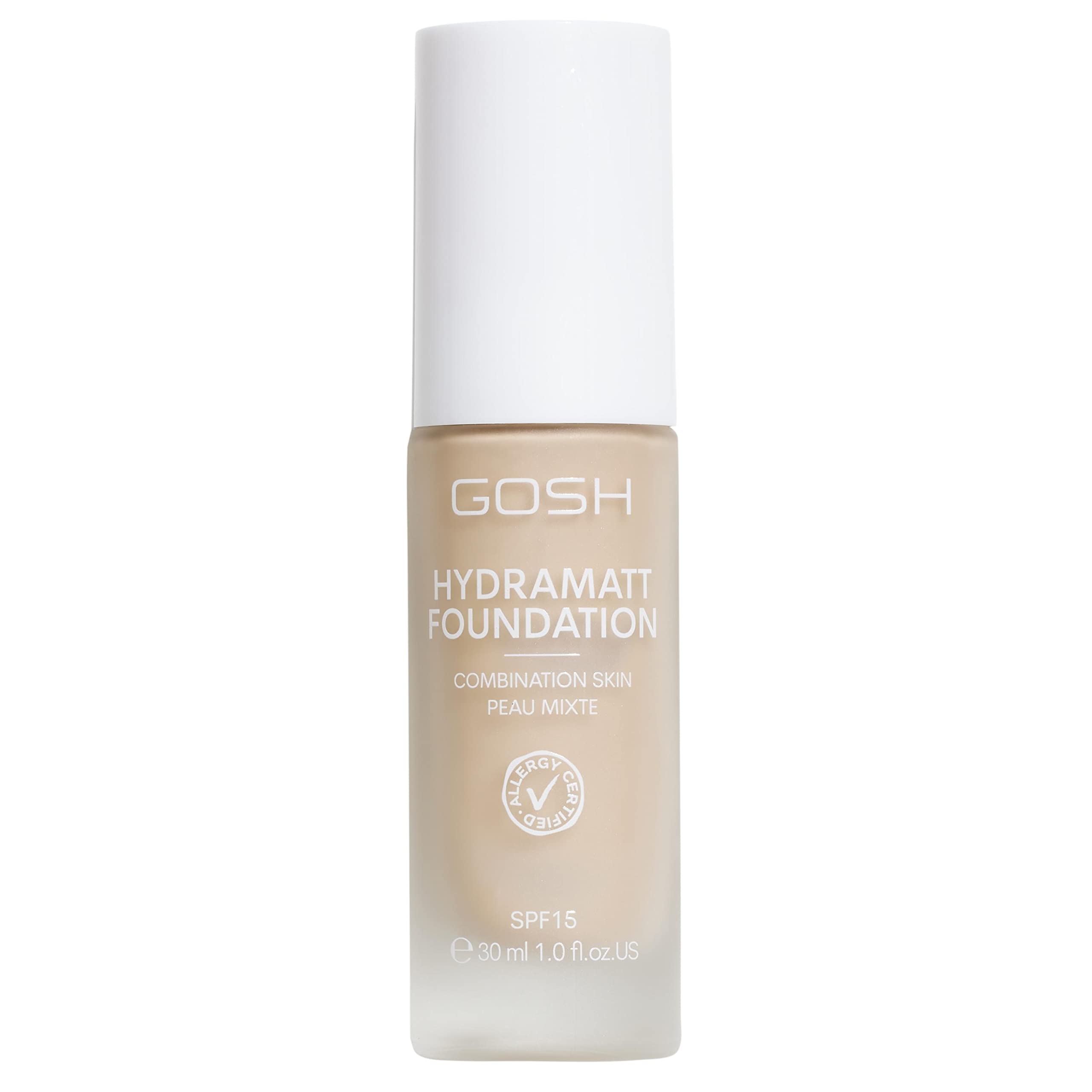 GOSH Foundation with SPF 15 for Light and Dark Skin, Vegan, Matte Makeup for Dry, Sensitive and Oily Skin, Smudge- and Sweat-Proof, Oil-Free, Adjustable Coverage, No Mask Effect, 002N